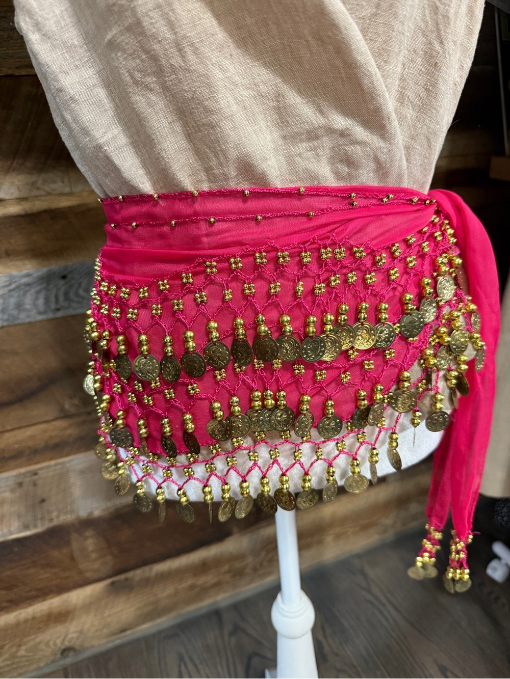 Hot Pink Belly Dance Hip Scarf with Gold Coins